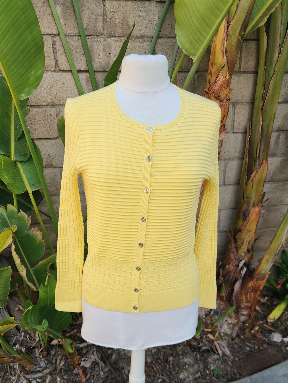 NWT St. John Collection Knit Ribbed Button Cardigan Sweater Yellow Small